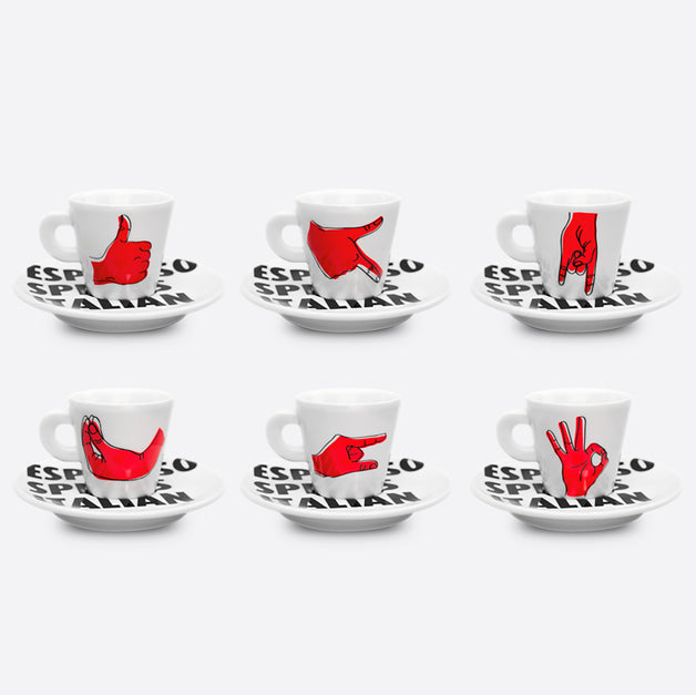 "Espresso Speaks Italian" Espresso Cup and Saucer Set of 6