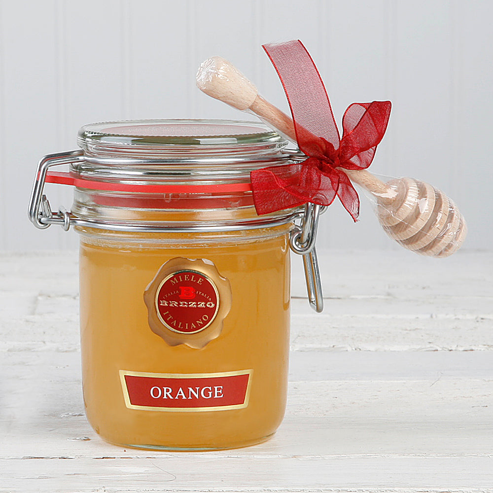 Orange Zest Infused Honey in Glass Jar with Honey Dipper by Bee