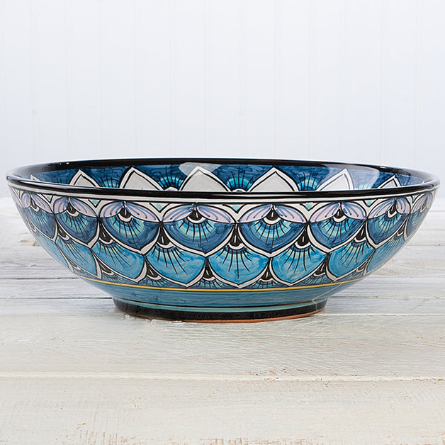 Deruta Geometric Peacock Pattern 11.5 inch Bowl (Blue)